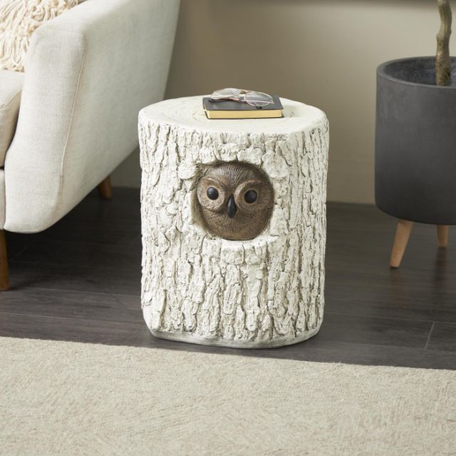 Deco Marche White Magnesium Oxide Outdoor Owl Tree Trunk Garden Stool with Brown Accents-4