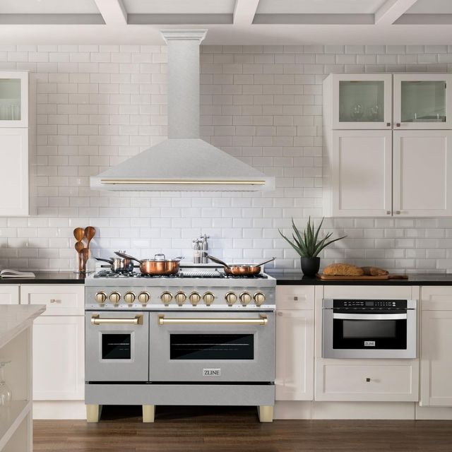 ZLINE Autograph Edition 48" Satin Stainless Steel Convertible Wall Mounted Range Hood with Polished Gold Handle-1