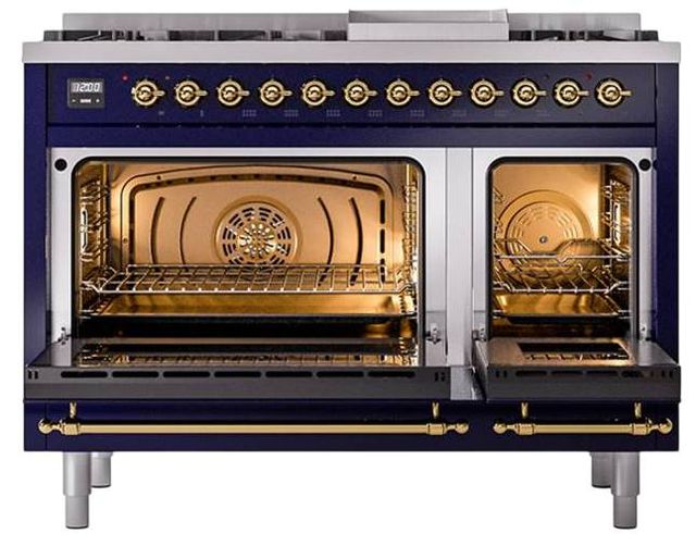 Ilve® Nostalgie II Noblesse 48'' Midnight Blue Pro Style Dual Fuel Range with Brass Trim-2