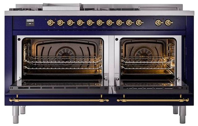 Ilve® Nostalgie II Noblesse 60'' Midnight Blue Pro Style Dual Fuel Range with Brass Trim-1