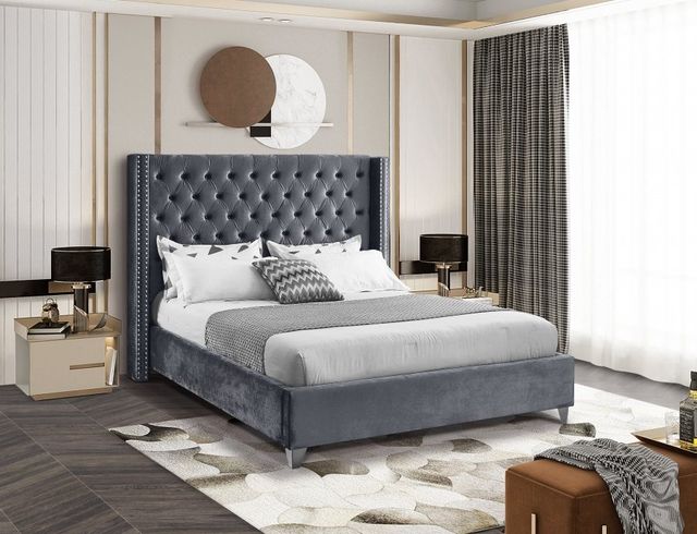Meridian Furniture Aiden Grey Velvet Queen Bed-3