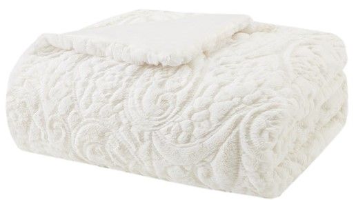 Olliix by Madison Park Norfolk Ivory 50x60" Polyester Embroidery Solid Ultra Plush Throw-0