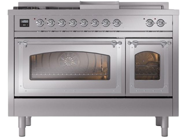 Ilve® Nostalgie II Noblesse 48'' Stainless Steel Pro Style Dual Fuel Range with Chrome Trim-1