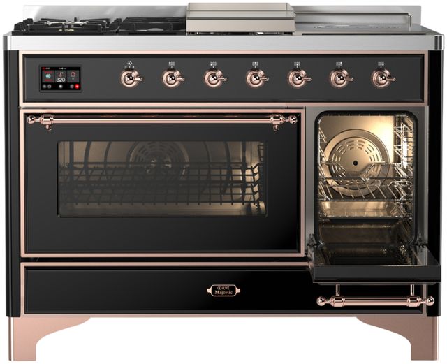 Ilve® Majestic III 48" Glossy Black Pro Style Dual Fuel Natural Gas Range with 5 Black Brass Burners and Copper Trim-3