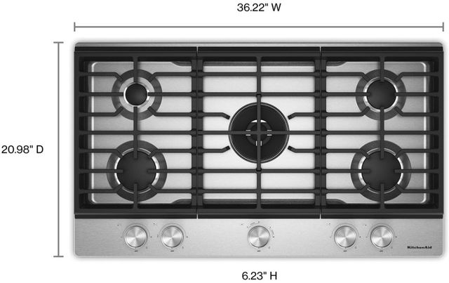 KitchenAid® 36" Stainless Steel Gas Cooktop with 5 Burners and Integrated Wok Grate-4