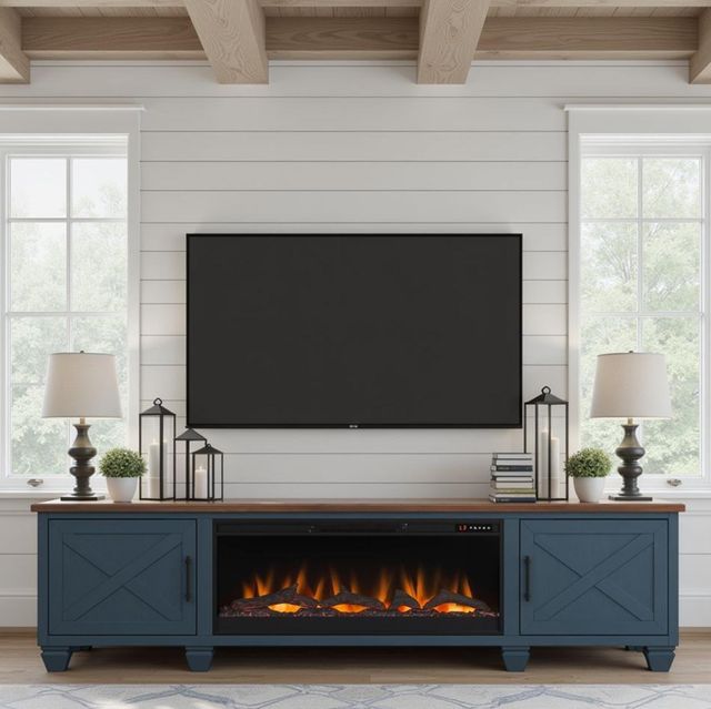 Legends Home Real Cozy Liberty Blue Denim/Whiskey 95" Fireplace Console-1