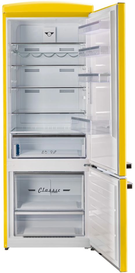 Unique Appliances 28” 17 Cu. Ft. Canary Yellow Bottom Freezer Refrigerator with Chrome Accent Handles-1