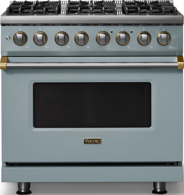 Viking® 5 Series 36" Novembery Sky Pro Style Dual Fuel (LP) Range with Brushed Brass Trim-0