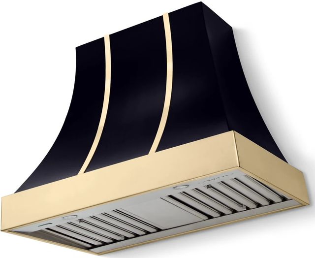 La Cornue CornuFé Cascade 36" Gloss Black Wall Mounted Range Hood with Polished Brass Trim-0