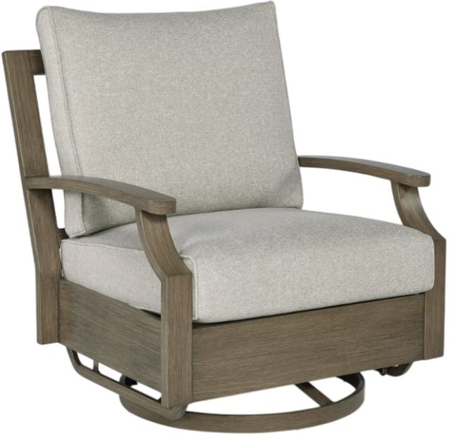 Signature Design by Ashley® Rainier Ranch Beige/Brown Aluminum Outdoor Round Fire Pit Table and Two Swivel Chairs-3