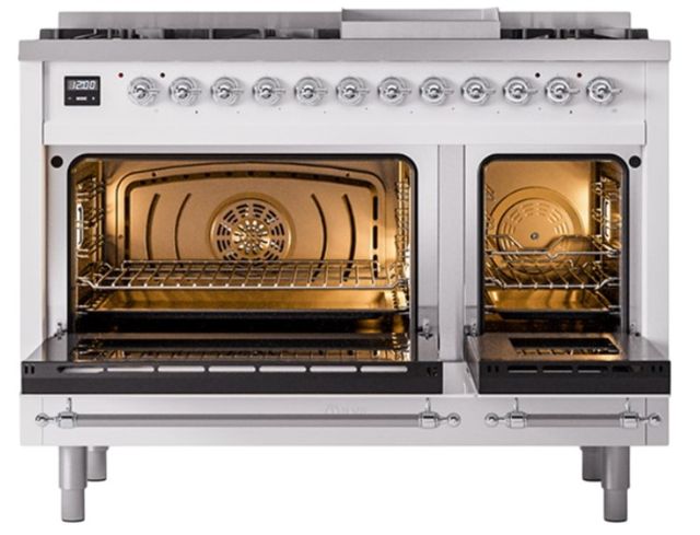 Ilve® Nostalgie II Noblesse 48'' White Pro Style Dual Fuel Range with Chrome Trim-1