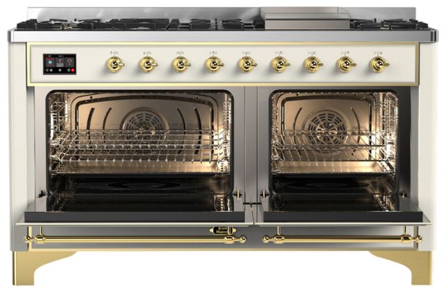 Ilve® Majestic III 60" Antique White Pro Style Dual Fuel Liquid Propane Range with Triple Glass Door and Brass Trim-1