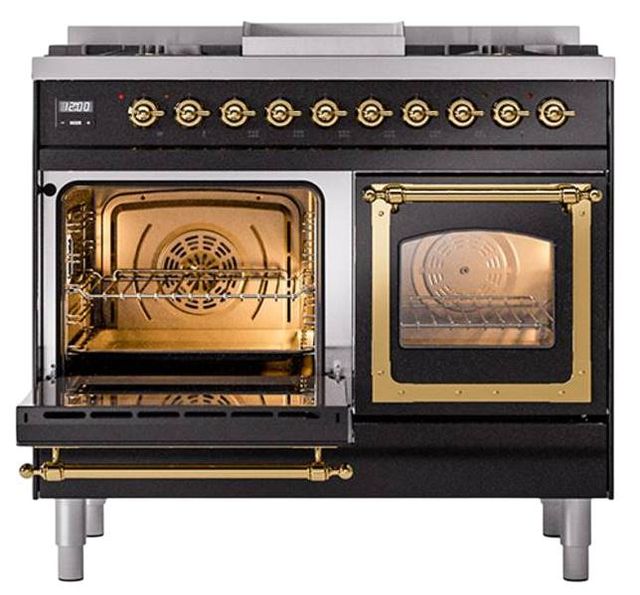 Ilve® Nostalgie II Noblesse 40'' Glossy Black Pro Style Dual Fuel Range with Brass Trim-3