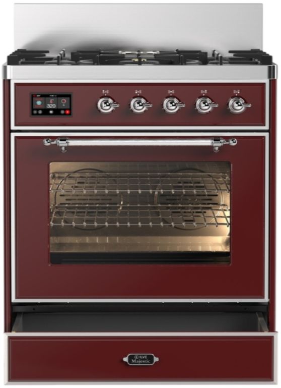 Ilve® Majestic III 30" Burgundy Pro Style Dual Fuel Natural Gas Range with Triple Glass Door and Chrome Trim-1