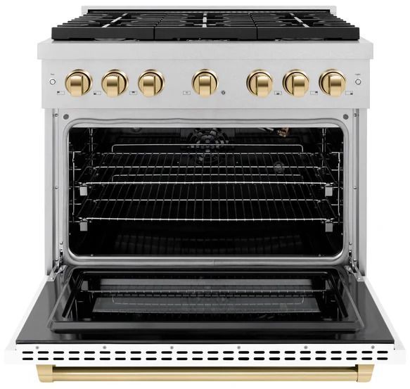 ZLINE Autograph Edition 36" Satin Stainless Steel Pro Style Gas Range with White Matte Door and Polished Gold Accents-1