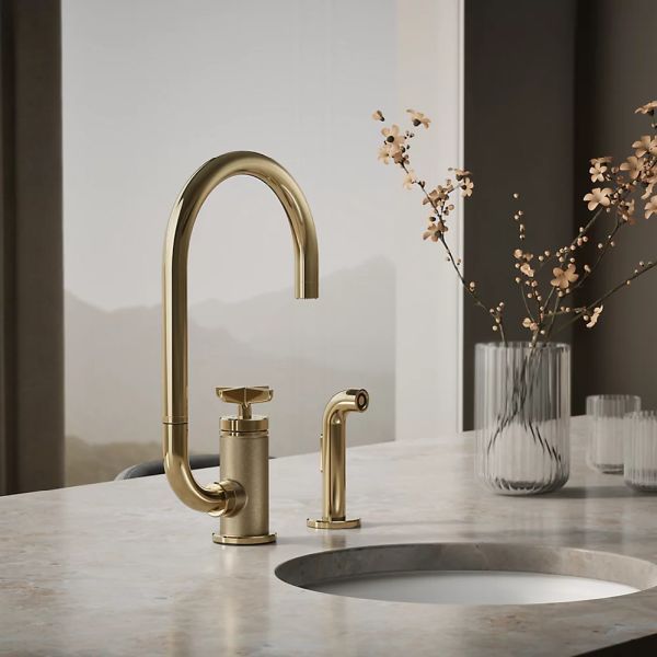 KOHLER® Billet® Vibrant French Gold 16" Single Cross-Handle Bar Sink Faucet with 2-Function Extended-Reach Spout and Side Sprayer-1