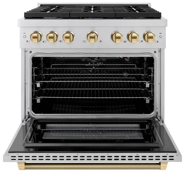 ZLINE Autograph Edition Paramount 36" Stainless Steel/Polished Gold Helix Handle Freestanding Gas Range with 6 Burner Cooktop and Convection Gas Oven-1