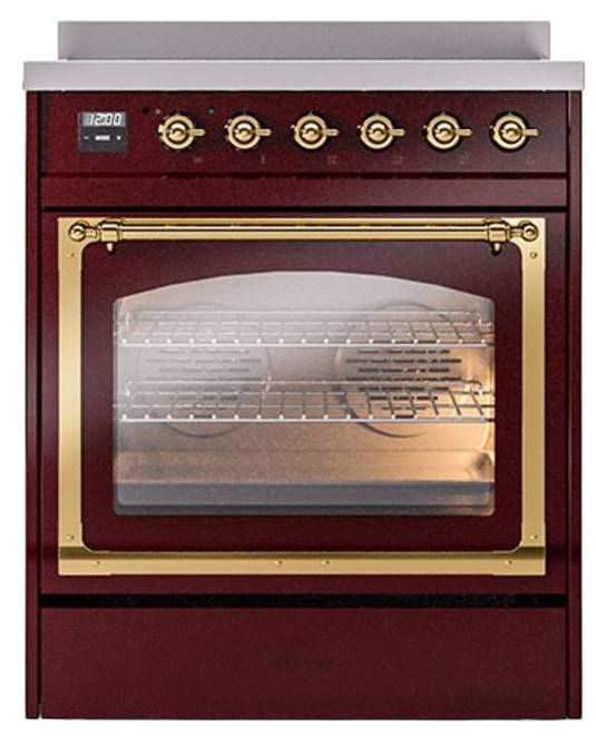Ilve® Nostalgie II Noblesse 30'' Burgundy Pro Style Induction Range with Brass Trim-1