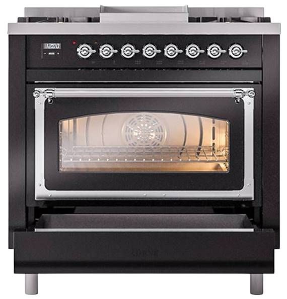 Ilve® Nostalgie II Noblesse 36'' Glossy Black Pro Style Dual Fuel Range with Chrome Trim-3
