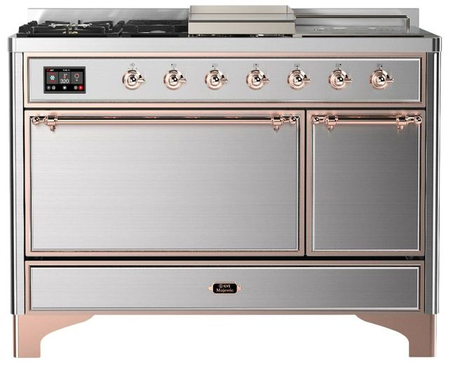 Ilve® Majestic III 48" Stainless Steel Pro Style Dual Fuel Natural Gas Range with Solid Door and Copper Trim-0
