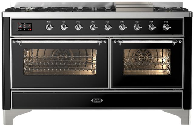 Ilve® Majestic III 60" Glossy Black Pro Style Dual Fuel Liquid Propane Range with Triple Glass Door and Chrome Trim-0