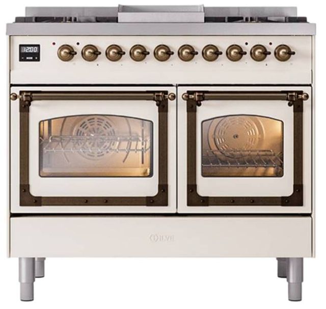 Ilve® Nostalgie II Noblesse 40'' Antique White Pro Style Dual Fuel Range with Burnished Trim-1