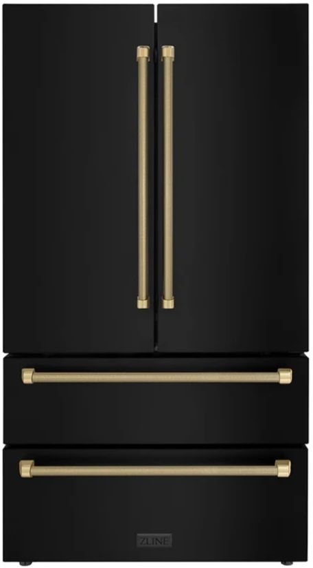 ZLINE Autograph Edition 36" 22.5 Cu. Ft. Fingerprint-Resistant Black Stainless Steel Counter Depth French Door Refrigerator with Champagne Bronze Helix Handles-0