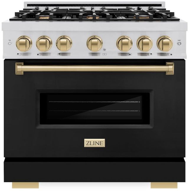 ZLINE Classic 36" Stainless Steel Pro Style Gas Range with Black Matte Door and Champagne Bronze Accents -0