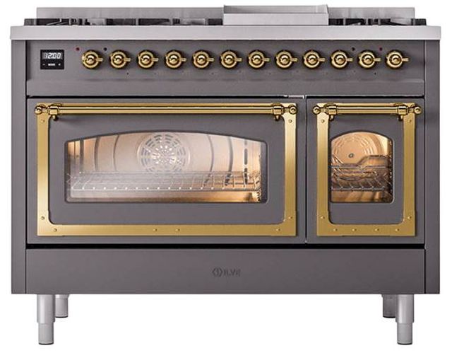 Ilve® Nostalgie II Noblesse 48'' Graphite Matte Pro Style Dual Fuel Range with Brass Trim-1