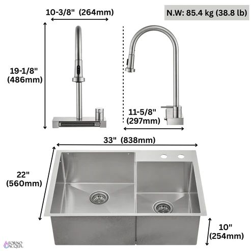 Forno Acqua MultiSINK Stainless Steel 10" Dual Mount Double Bowl Sink with Waterfall Faucet-3