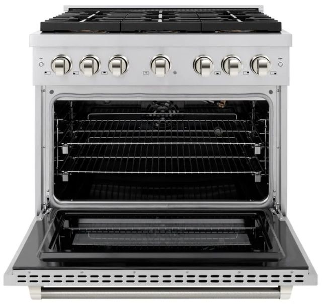 ZLINE Autograph Edition Paramount 36" 5.2 Cu. Ft. Stainless Steel Gas Range with 6 Burner DuoPro™ Cooktop and Convection Gas Oven with Polished Nickel Helix Handle and Accents-1