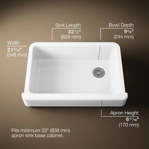 KOHLER® Whitehaven® White 33" Undermount Single-Bowl Farmhouse Kitchen Sink with Short Apron-2