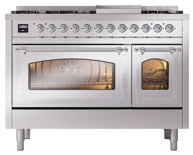 Ilve® Nostalgie II Noblesse 48'' Stainless Steel Pro Style Dual Fuel Range with Chrome Trim-1