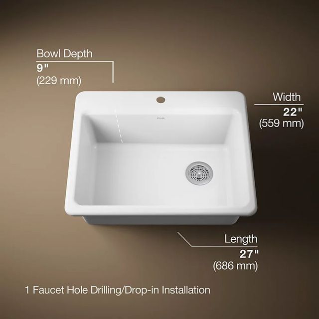 KOHLER® Riverby® White 27" 1-Faucet Hole Top-Mount Single-Bowl Kitchen Sink-2