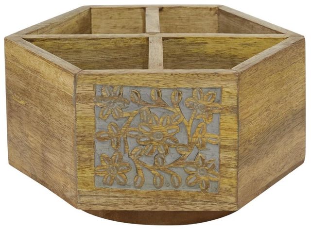 Deco Marche Brown Floral Intricately Carved Wine Holder with Lazy Susan-0