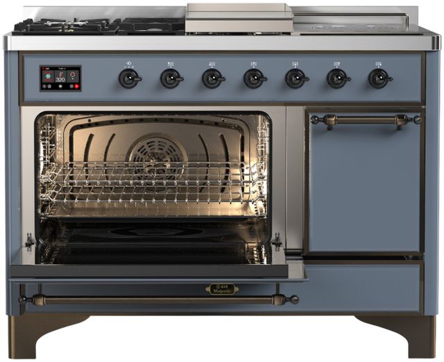Ilve® Majestic III 48" Blue Gray Pro Style Dual Fuel Natural Gas Range with 5 Black Brass Burners and Burnished Trim-2