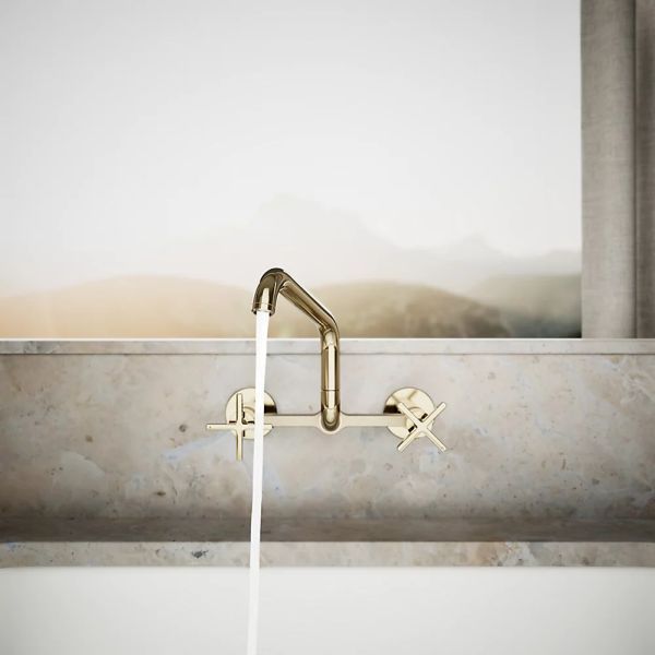 KOHLER® Billet® Vibrant French Gold 2-Hole Wall-Mount Bridge Kitchen Sink Faucet with Cross Handles-2