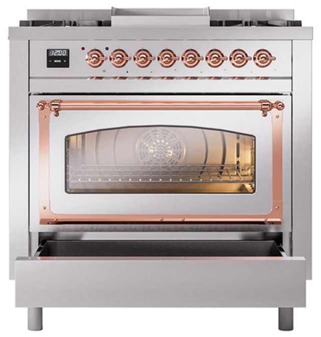 Ilve® Nostalgie II Noblesse 36'' Stainless Steel Pro Style Dual Fuel Range with Copper Trim-3