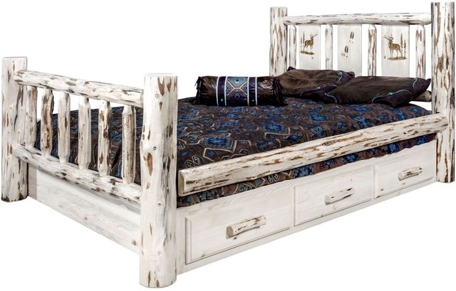 Montana Woodworks® Montana Collection Ready to Finish Queen Storage Bed with Laser Engraved Elk Design-2