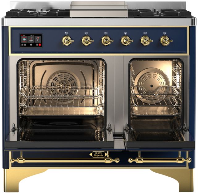 Ilve® Majestic III 40" Midnight Blue Pro Style Dual Fuel Liquid Propane Range with Solid Door and Brass Trim-1