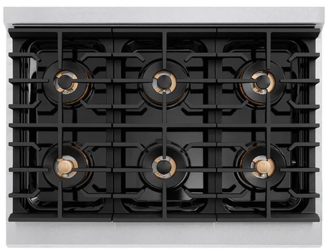ZLINE Autograph Edition Paramount 36" 5.2 Cu. Ft. Satin Stainless Steel Gas Range with 6 Burner DuoPro™ Cooktop, Convection Gas Oven, White Matte Door and Champagne Bronze Accents-2