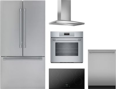 Front view of the Thermador® 5 Piece Stainless Steel Kitchen Package