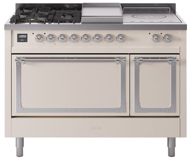 Ilve® Nostalgie II Noblesse 48'' Antique White Pro Style Dual Fuel Range with Chrome Trim-0