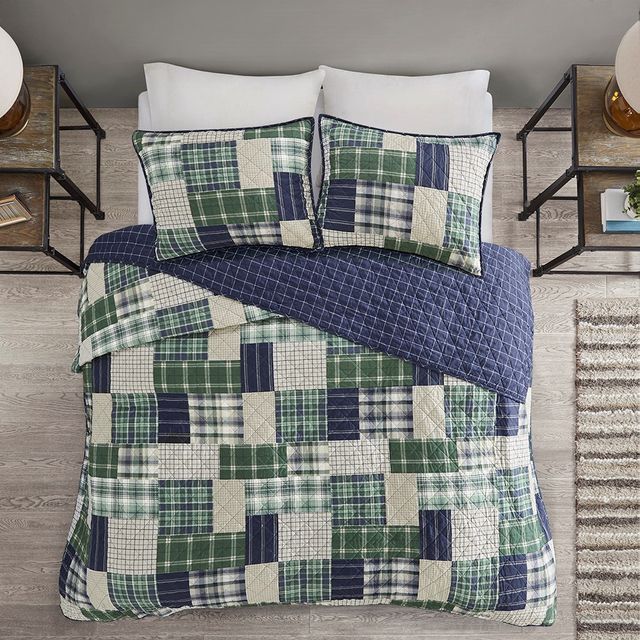 Olliix by Madison Park Timber 3 Piece Green and Navy King/California King Reversible Printed Coverlet Set-1