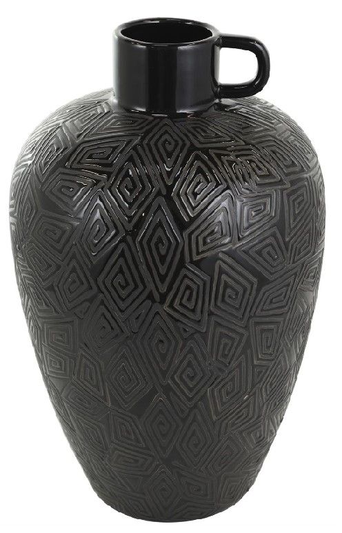 Deco Marche Black Ceramic Vase with Geometric Etching and Handle-0