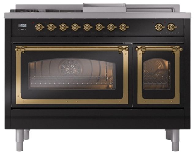 Ilve® Nostalgie II Noblesse 48'' Glossy Black Pro Style Dual Fuel Range with Brass Trim-1