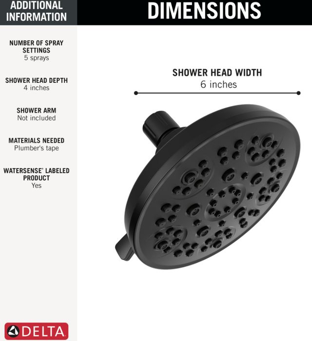 Delta Universal Showering Matte Black 6" 5-Setting Shower Head-2