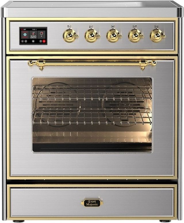 Ilve® Majestic III 30" Stainless Steel Pro Style Induction Range with Triple Glass Door and Brass Trim-0