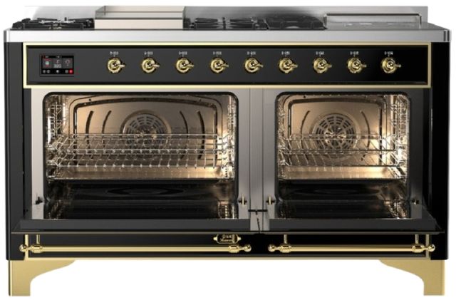Ilve® Majestic III 60" Glossy Black Pro Style Dual Fuel Liquid Propane Range with French Top and Brass Trim-1