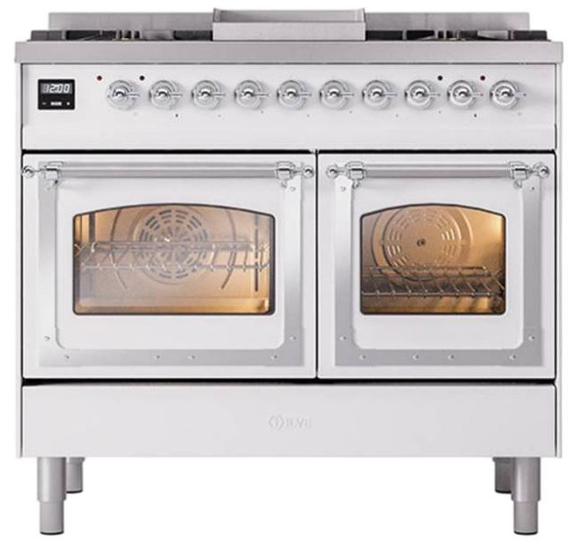 Ilve® Nostalgie II Noblesse 40'' White Pro Style Dual Fuel Range with Chrome Trim-1